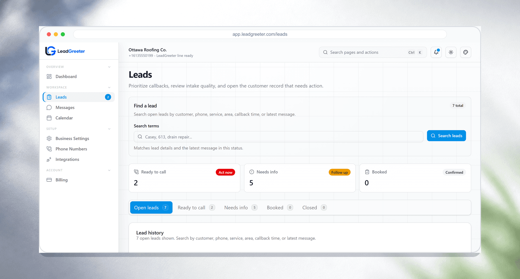 LeadGreeter lead capture feature panel